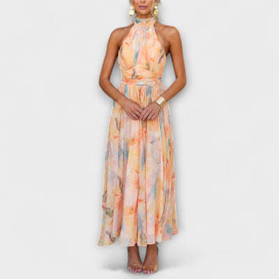 Joanna - Halter Neck Watercolor Print Maxi Dress