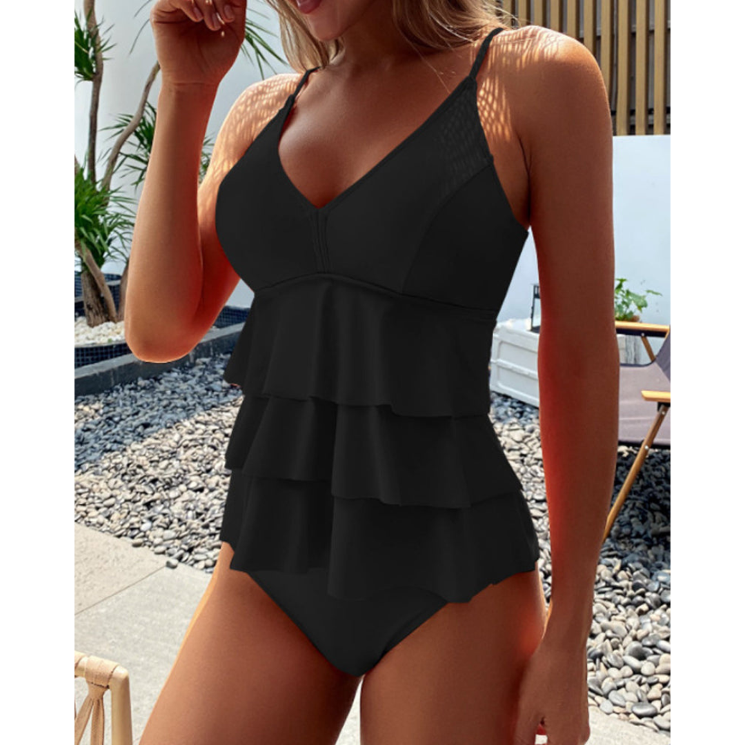 Anne – Ensfarvet Tankini med Flæser
