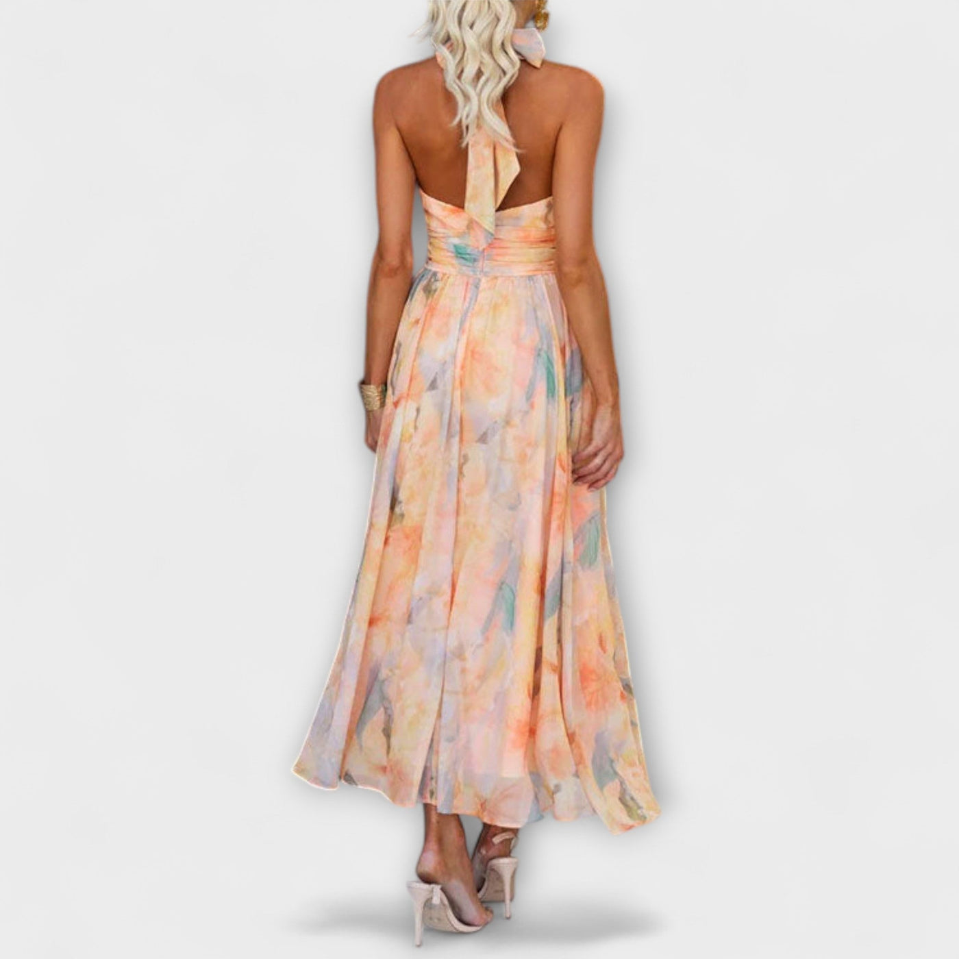 Joanna - Halter Neck Watercolor Print Maxi Dress