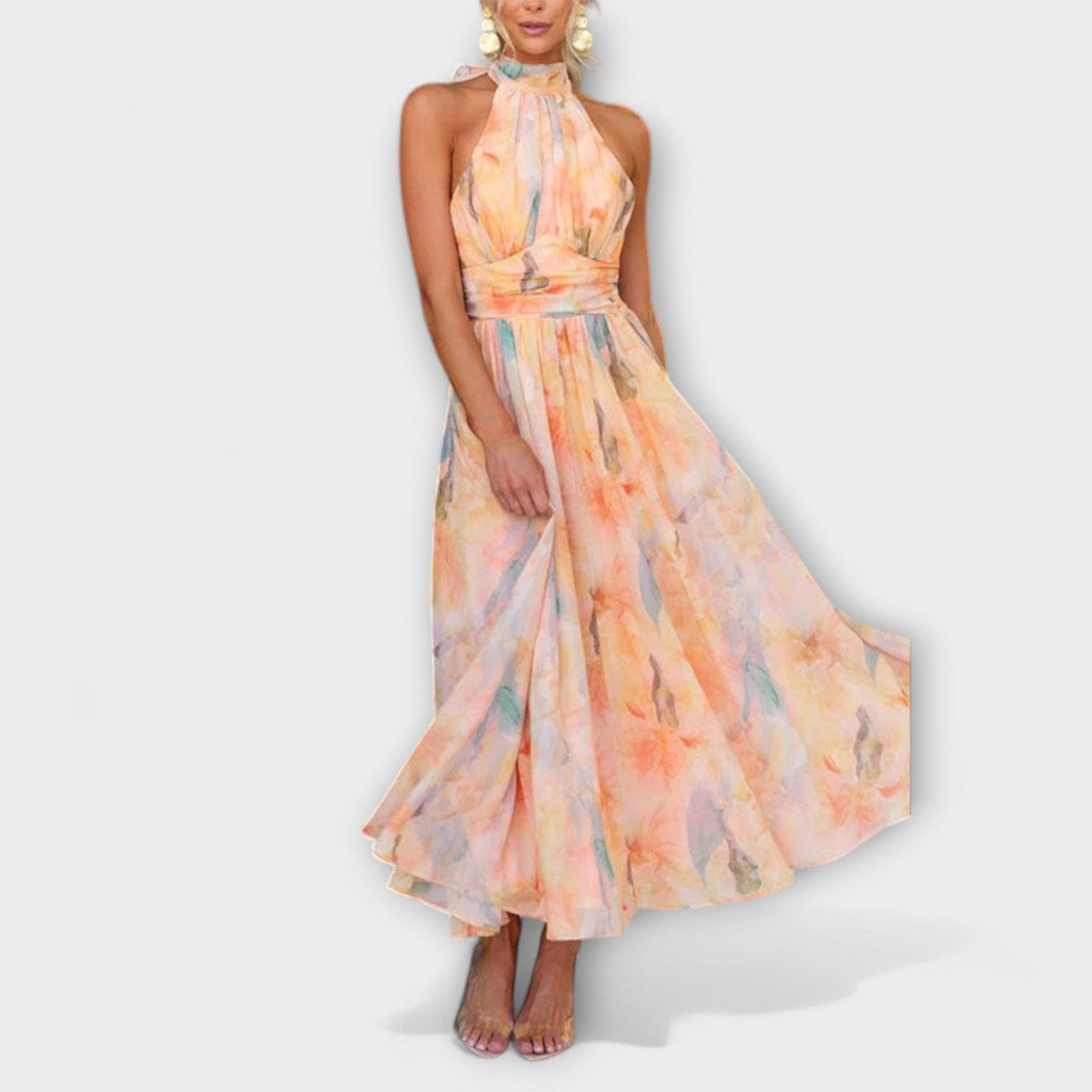 Joanna - Halter Neck Watercolor Print Maxi Dress