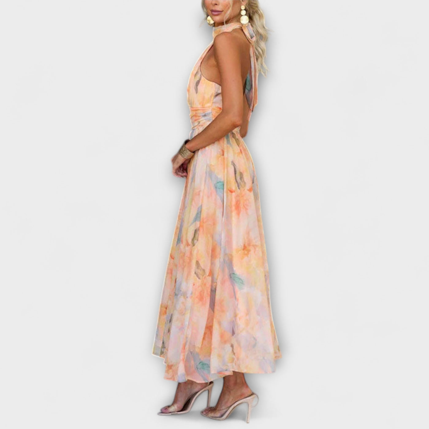 Joanna - Halter Neck Watercolor Print Maxi Dress